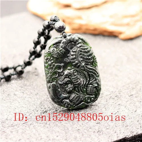 Китайский натуральный черный зеленый нефритовый Тигр кулон бусы ожерелье