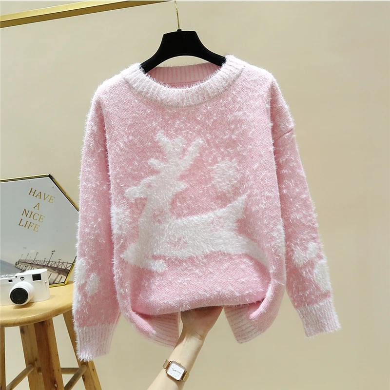 

Banulin Christmas Sweater Women Christmas Deer Warm Loose Long Sleeve Sweater Jumper Top Winter Autumn Knitted Pullovers