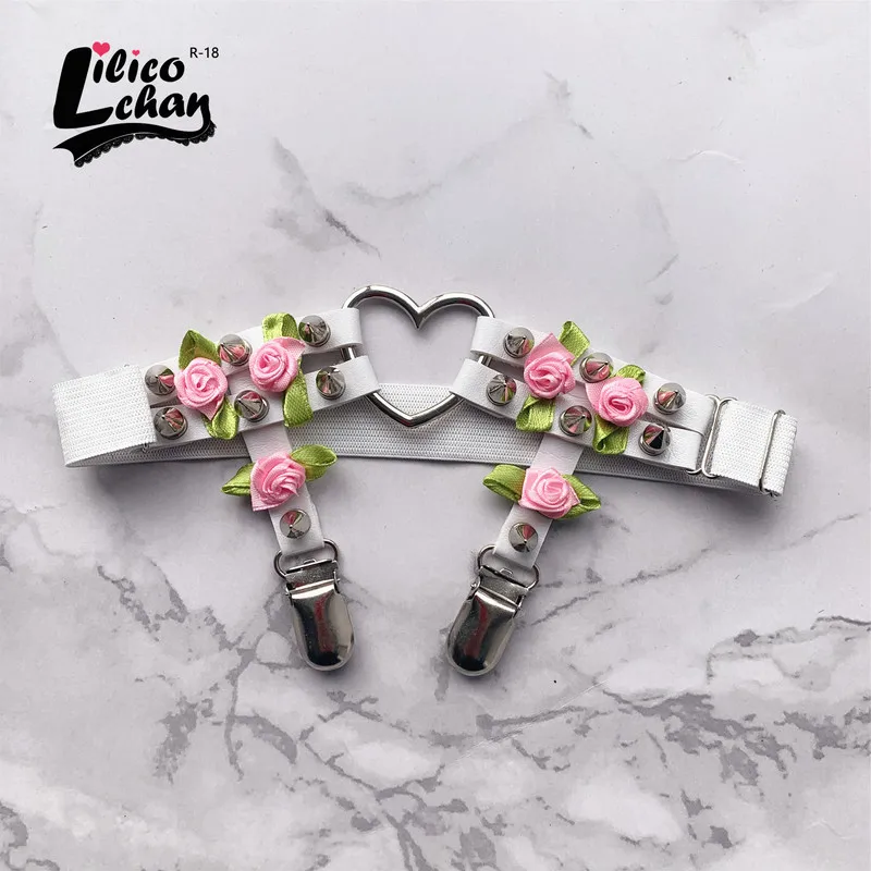 A Pair HEAVEN'S ROSE Punk Garter Belt Rivets Leg Ring Thigh Harness Heart Black PU Leather Vintage Suspenders Women Body Jewelry