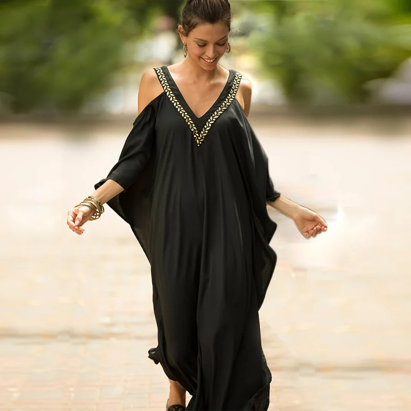 

2021 Sexy Cold Shoulder V Neck Bats Sleeve Loose Summer Beach Dress Plus Size Women Beachwear Kaftan Black Dress
