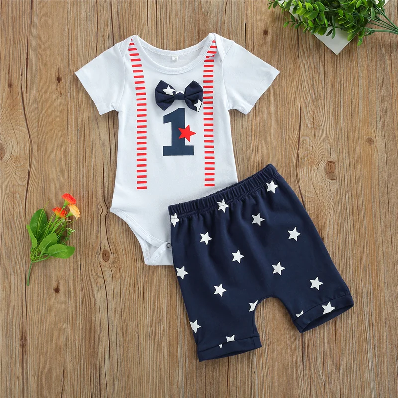 

6-18 month Baby Boys Independence Day Summer Cotton Outfits, Number Stripe Print Short Sleeve Casual Romper + Star Prints Shorts