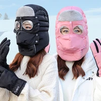 new fashion warm hat winter men original design winter hats for women waterproof hood hat with glasses cap gloves set