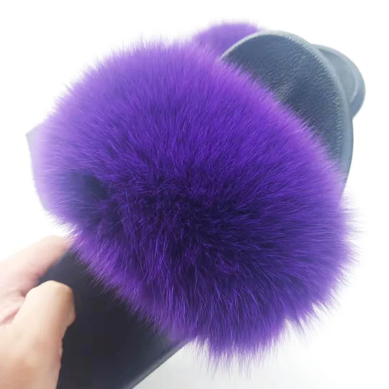 PurPle ; Шлепанцы из натурального Лисьего меха; женские/мужские пушистые сандалии; женские шлепанцы с мехом; женские шлепанцы из лисьего меха; большие размеры - Цвет: PurPle