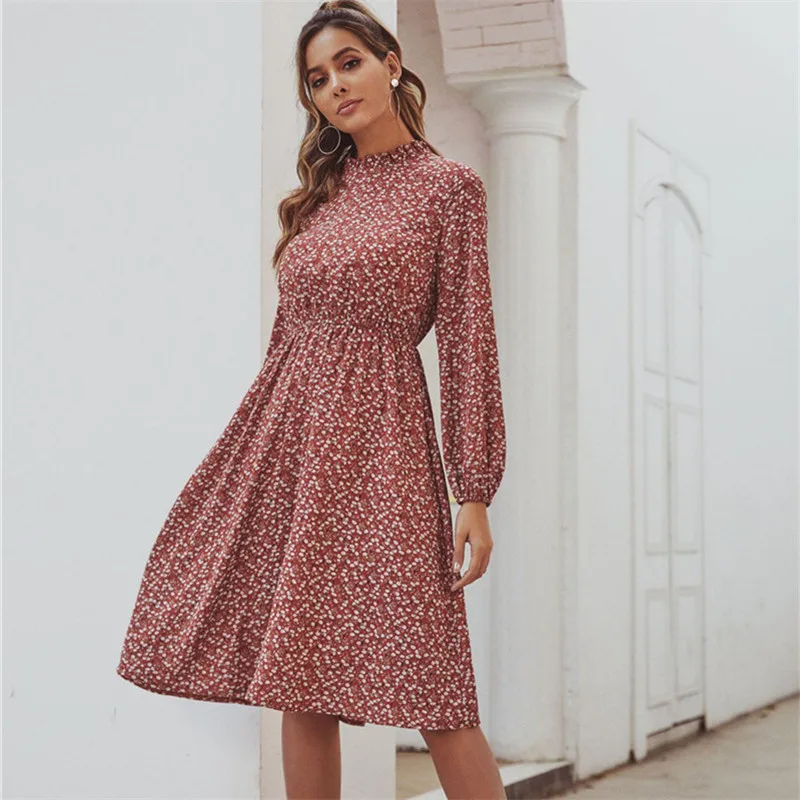 

New Arrival Women Print Slim Midi Dress 2020 Spring Casual Elegant Lantern Sleeves O-neck Dress