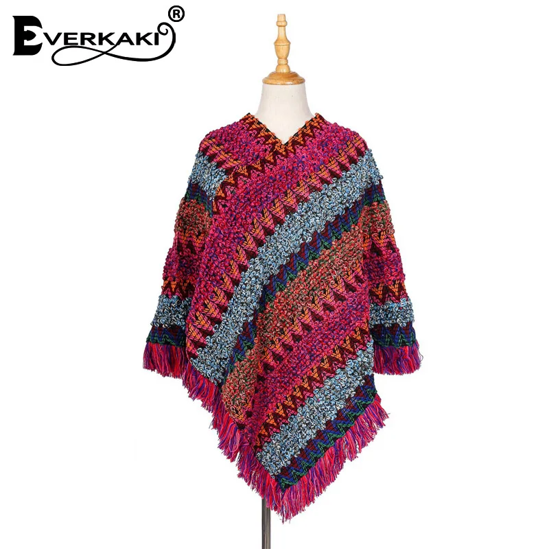 Everkaki кисточки Boho вязаный свитер шаль для женщин Обертывания толстый теплый богемный свитер шаль обертывания женский осень зима