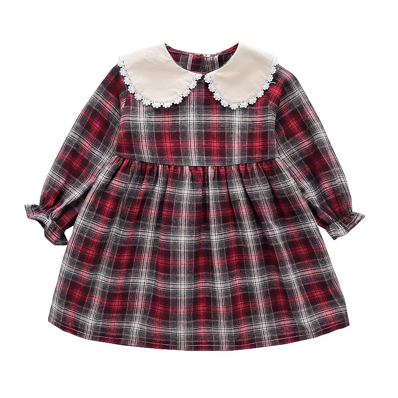 

Girls Grid Dress Autumn 2020 New Children's Linen Princess Dress Children's Doll Collar Plaid Dress Kids Clothings