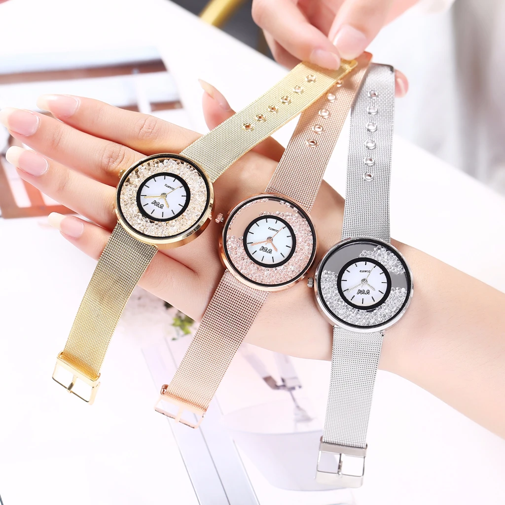 Лидер продаж модные женские часы из нержавеющей стали с сеткой и бриллиантами