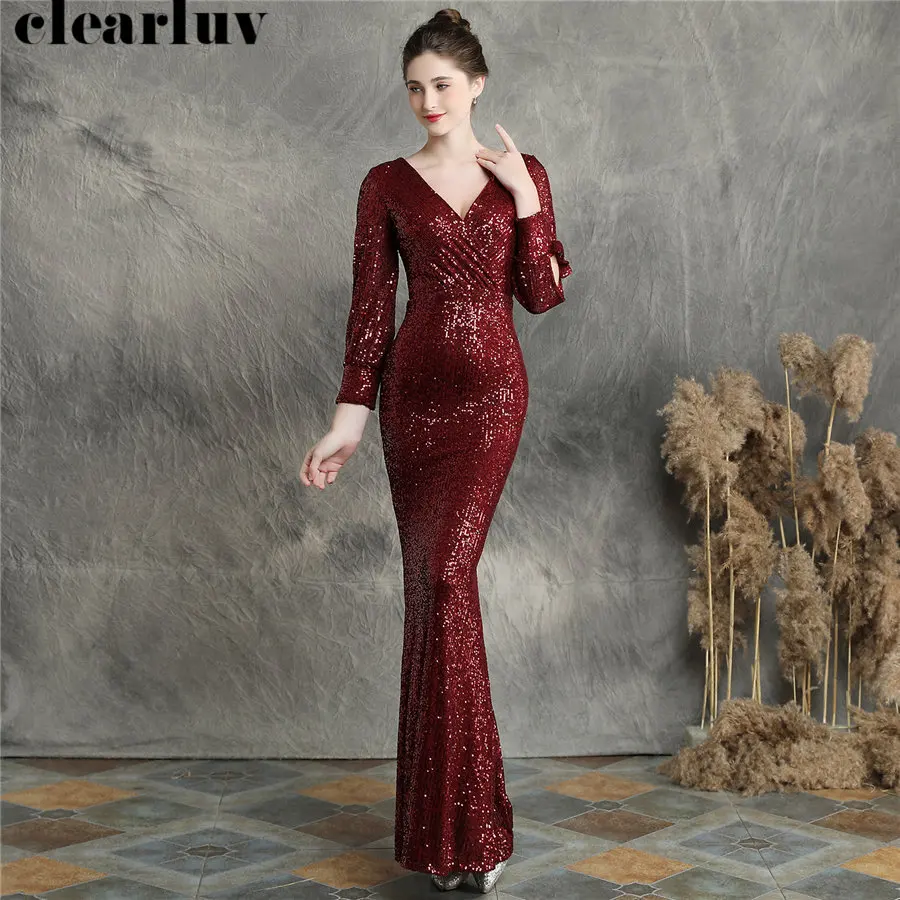 Женское вечернее платье русалка бордовое длинное с блестками и длинным рукавом