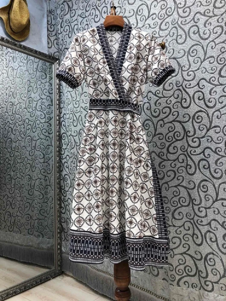 

100%Cotton Women's Dress 2021 Summer Clothes Ladies V-Neck Vintage Print Belt Deco Short Sleeve Mid-Calf Length Dress Casual