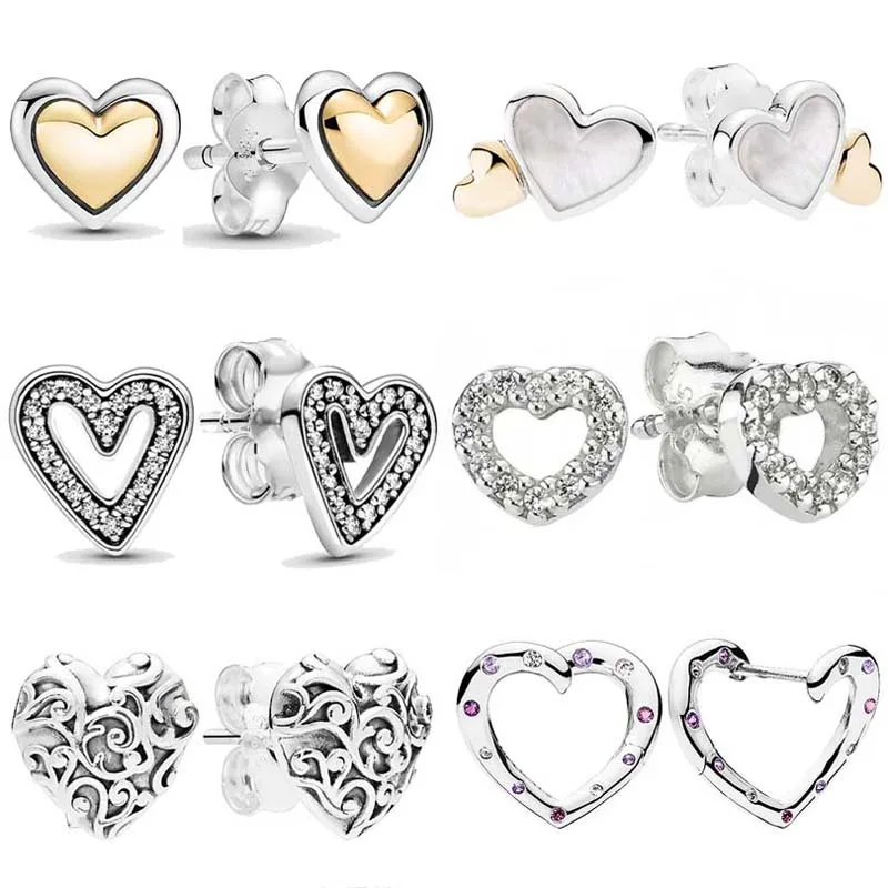 

Original 925 Sterling Silver Sparkling Domed Golden Shine Luminous Freehand Heart Stud Earring For Women Popular DIY Jewelry