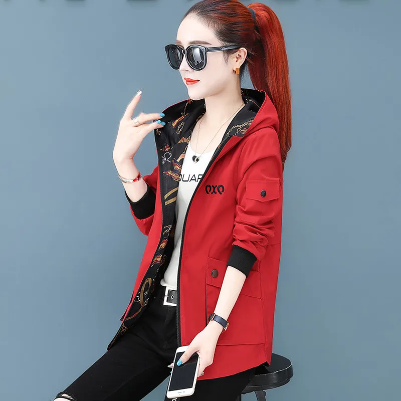 

New Women Two Side Wear Windbreaker Jackets Spring Autumn Hooded Zipper Loose Print Overcoat Female Trench Coat Plus Size 4XL 36