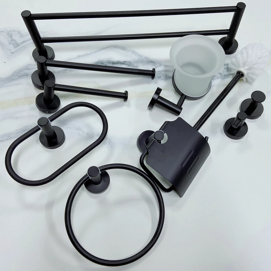 black bathroom accessories set toilet brush holder wc roll paper towel shelf rail matt glass soap dish wall hook hairdryer rack free global shipping