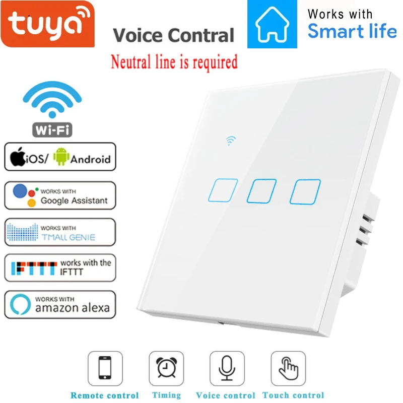 

Tuya Wifi + Bluetooth Смарт настенный сенсорный выключатель Беспроводной Управление 1/2/3/4 Gang 100-240V Светодиодный светильник Smart Touch Экран переключатель
