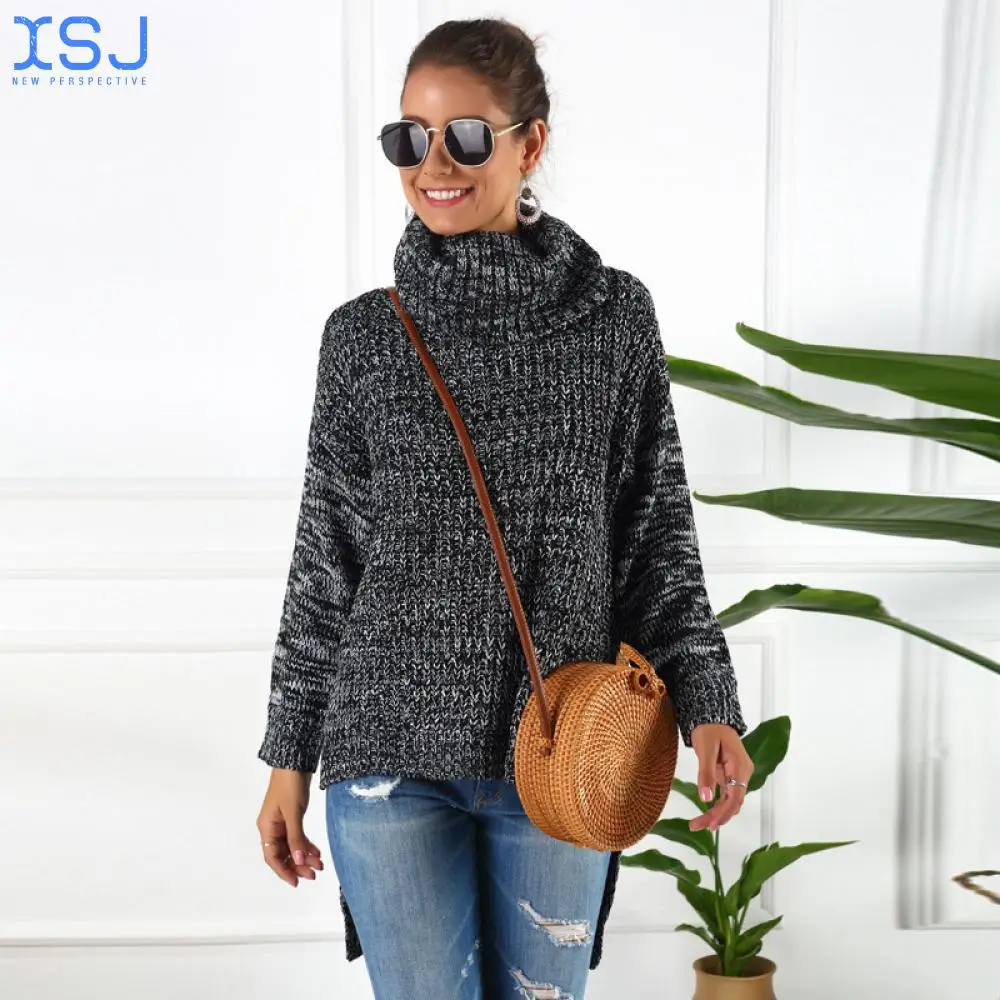 

Рождественский подарок 2021 осень зима новый пуловер с высоким воротом свитер с коротким спереди и длинным асимметричным длинным рукавом сви...