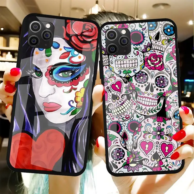 

Retro Style Flower Skull Phone Case Tempered Glass For Iphone6plus 6S 7 7plus 8 X XS XSmax XR 11 12 Pro Max 12mini
