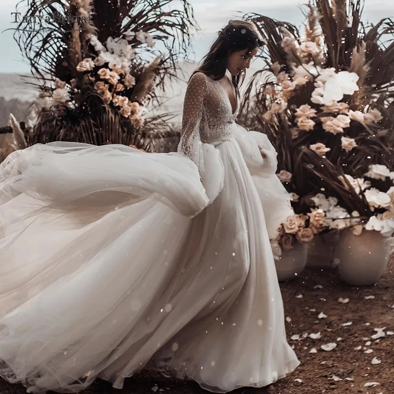 Boho Dreamy A Line Свадебные платья с длинным рукавом и золотым поясом Robe de soriee Maxi Noivas