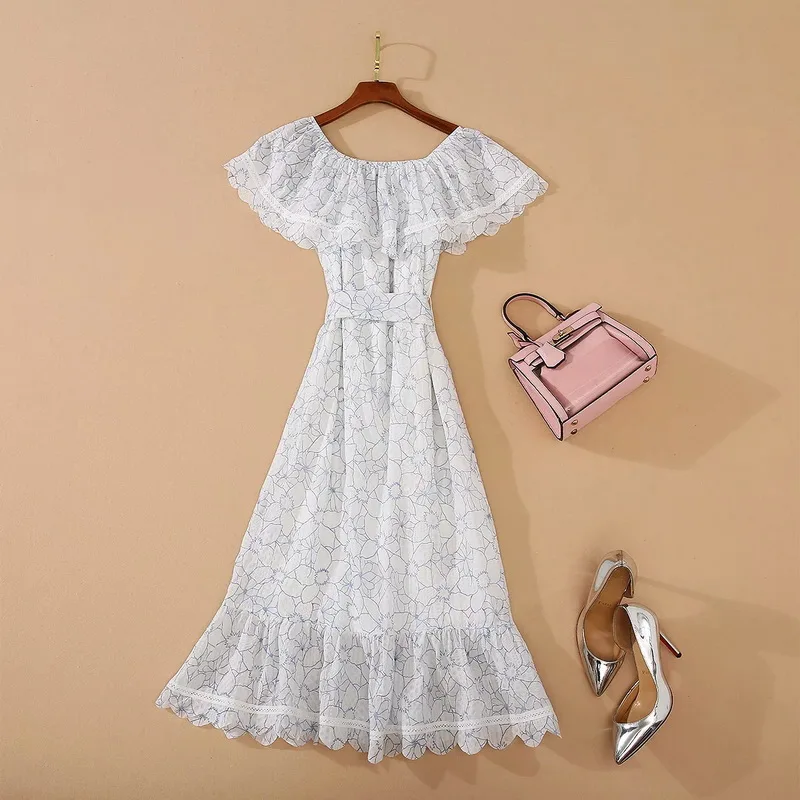 

Sexy Off Shoulder Dress 2020 Summer Lux Party Club Women Exquisite Embroidery Mid-Calf Length Yellow Blue Vintage Dress Vestido