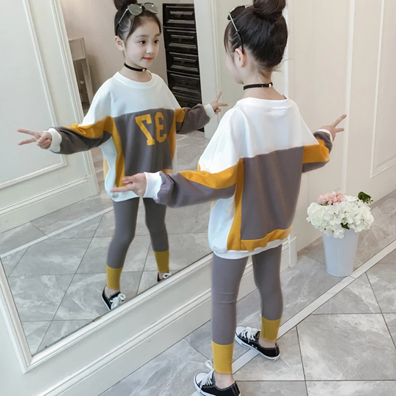 

2021 New Kids Clothes Suit Girls Autumn Clothing Teenagers Sports Casual Big Children'S Letter Sweater+ Leggings 2pcs Set 4-13Y