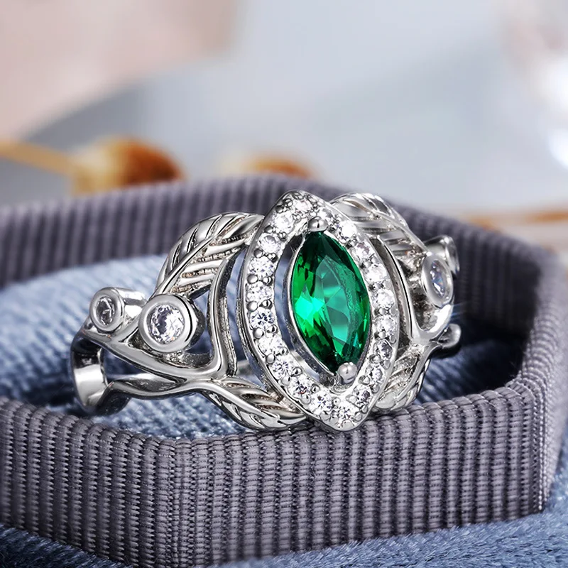 

Vintage Female Crystal Leaf Thin Ring Charm Silver Color Wedding Rings For Women Luxury Bride Green Zircon Engagement Ring
