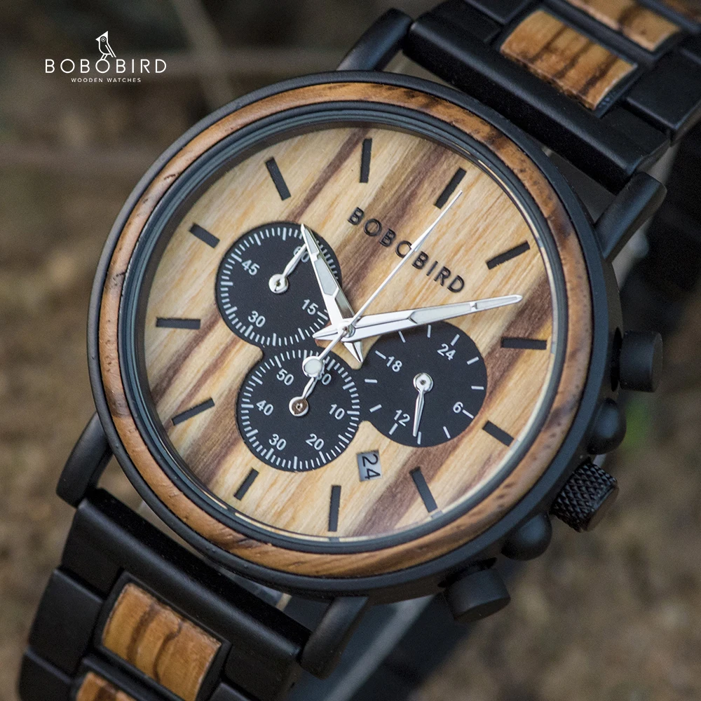 BOBO BIRD деревянные часы для мужчин Секундомер Хронограф relojes hombre Показать дату деревянные кварцевые наручные часы Мужские часы в подарочной коробке