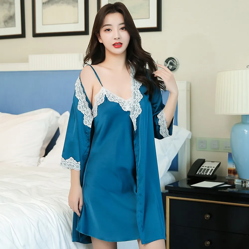 

Женская ночная рубашка сиренево-Синий Атласный Костюм-двойка свободный комплект для девочек свитер с сексуальным кружевом с v-образным выр...