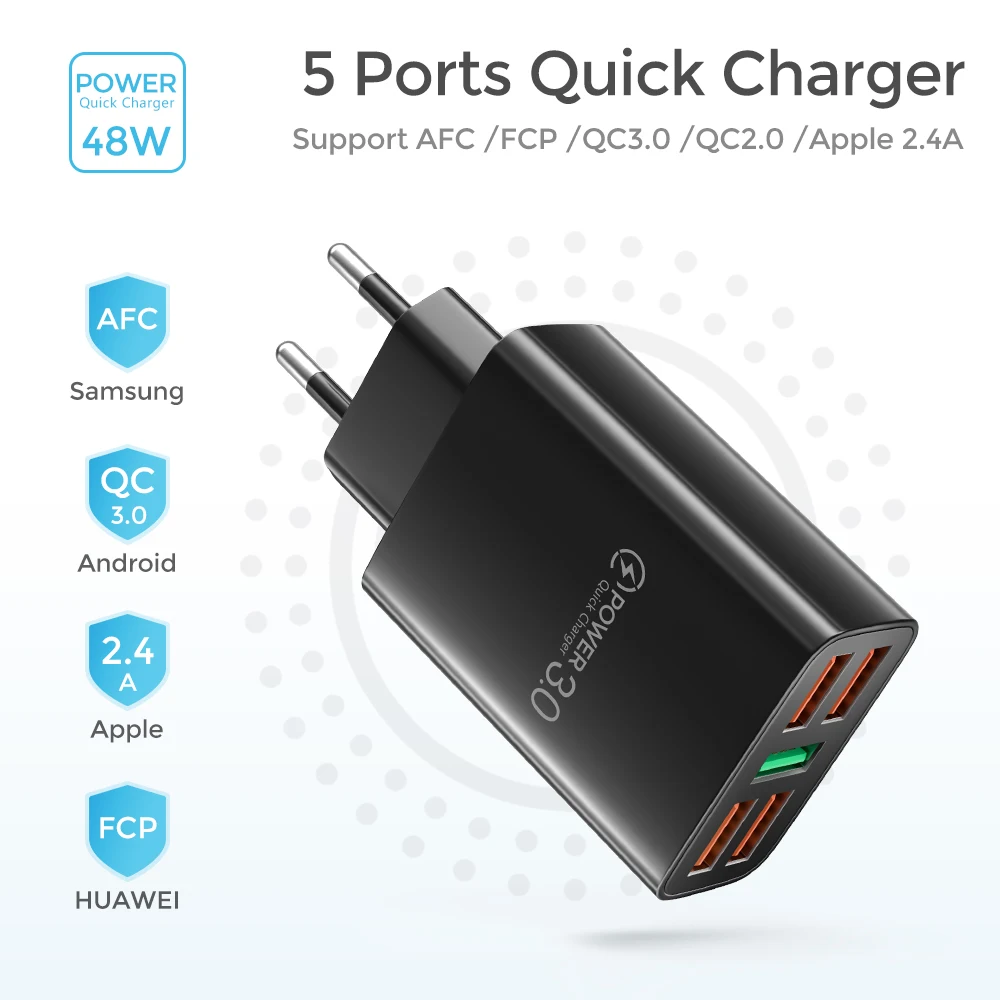5 Ports 48W Quick Charger3.0 5A USB Fast Charging For iphone12 Samsung Huawei Xiaomi Mobile Phone Chargers Adapter EU US UK Plug