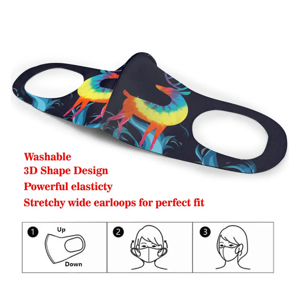 

Tie Dye Reindeer Christmas Santa Washable elastic Earloop Face Breathing Mask Reusable Anti Dust Cotton Mouth For Adults