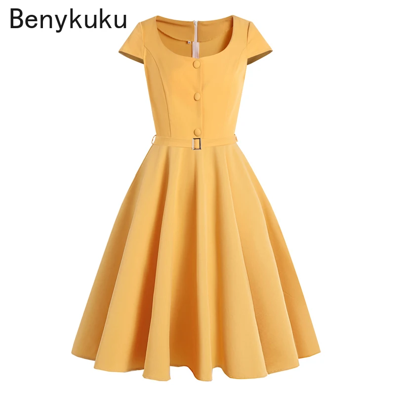 

Yellow Button Up Hepburn Style Vintage Summer Dress Elegant Robes Women Belted A Line Retro Swing Midi Clothes Ladies Jurken