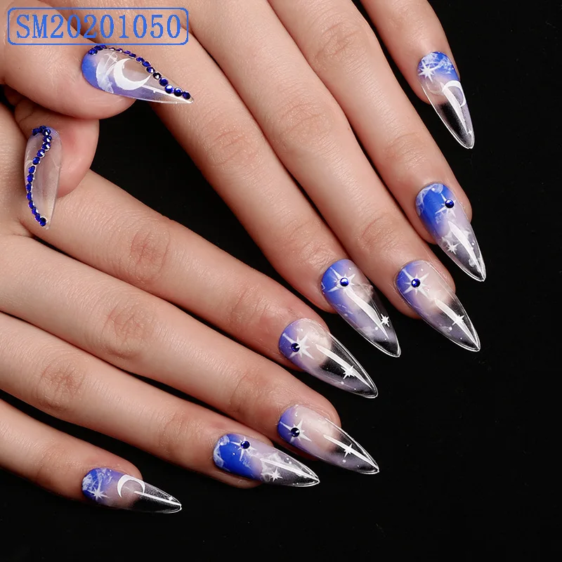 

24pcs Star Moon Print Fake Nail Patch Blue Rhinestones Inlaid Glue Type Removable Long Paragraph False Nail Patch
