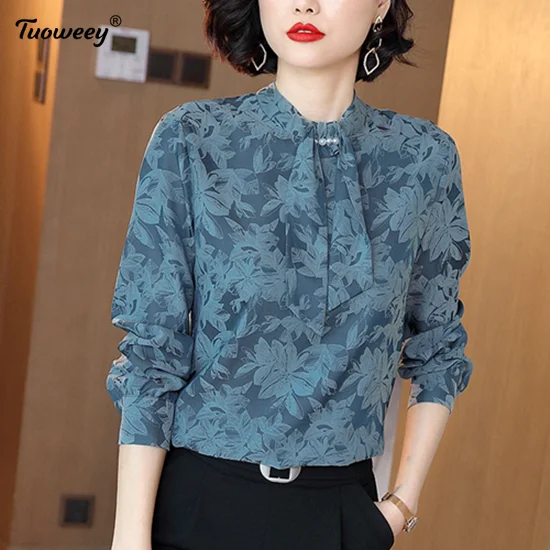 

Women Spring Autumn 2021 Bow Collar Bow Floral Chiffon Shirt Female Loose Fashion Printing Simple Commuter Long Sleeve Blouse