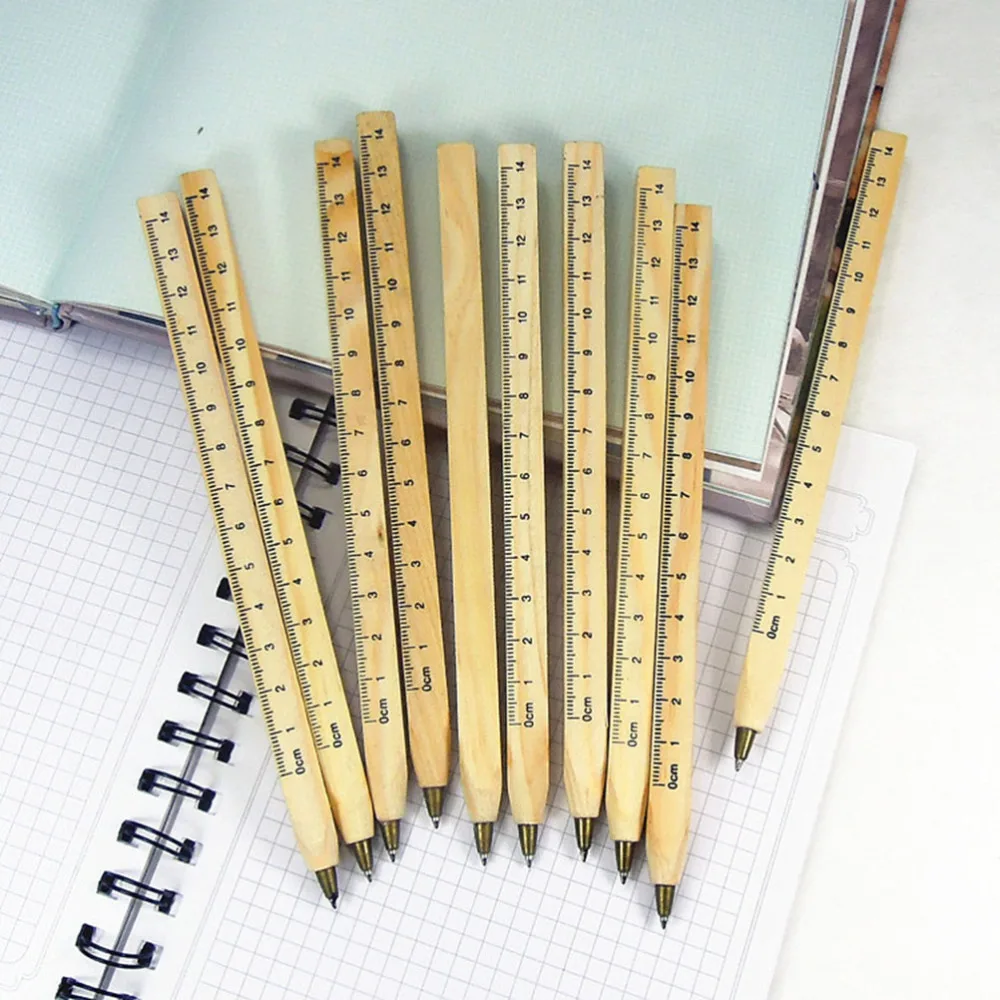

10pcs Wooden Ruler Pens Creative Ballpoint Pen School Office Stationery Supply