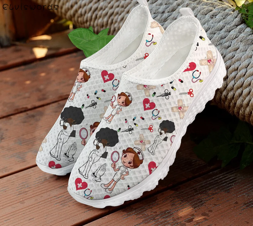 

ELVISWORDS African Girl-Nurse Print Women Casual Sneakers Flats Summer Air Mesh Slip-on Comfortable Female Walking Shoes Loafers