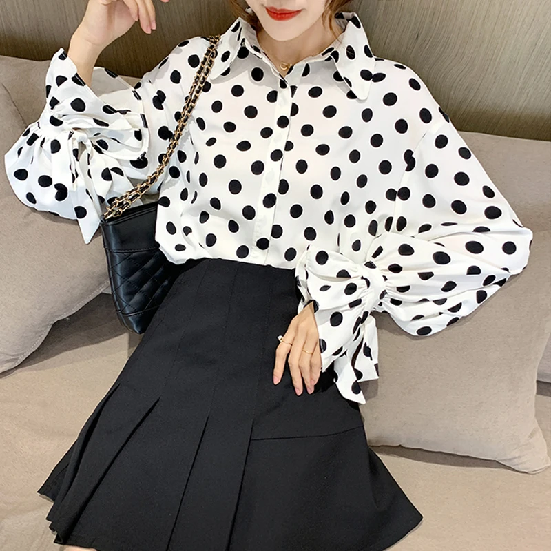 Женская блузка с вышивкой VOLOCEAN Элегантная в горошек длинными рукавами новинка 2020