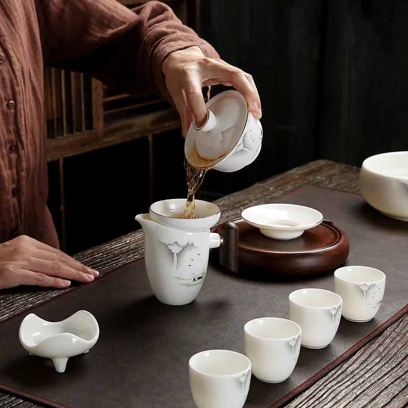 

Suet Jade Kung Fu Tea Set White Porcelain Household Simple Living Room Office Set Ceramic Tea Cup High-end Gift Box