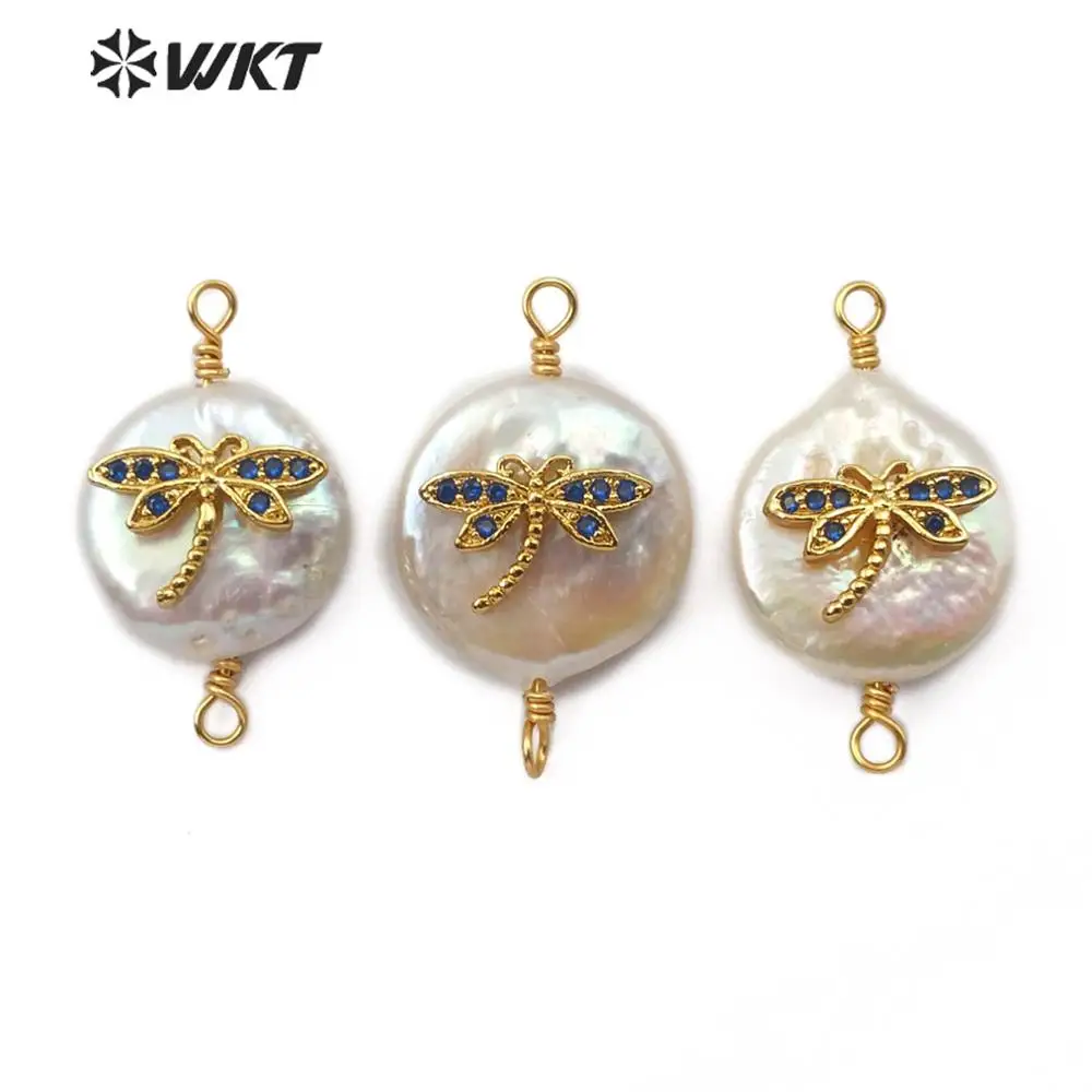 WT-MC276 WKT натуральный жемчуг и CZ паве стрекоза форма разноцветный коннектор