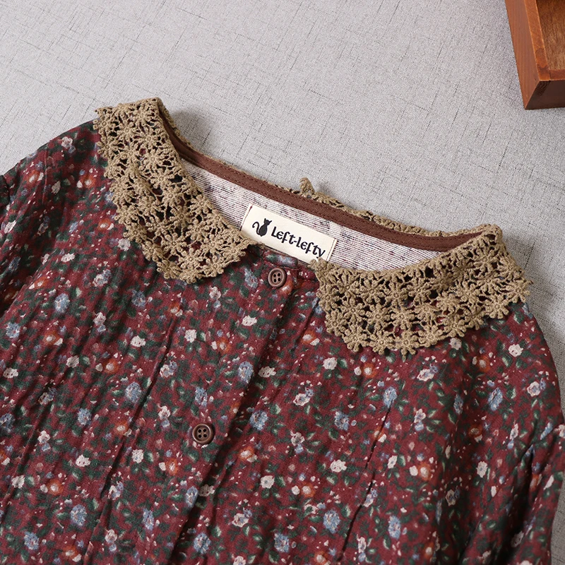 

Japan Style Mori Girl Autumn Winter Double Layer Cotton Floral Print Dress Turndown Collar Loose Long Dress Women