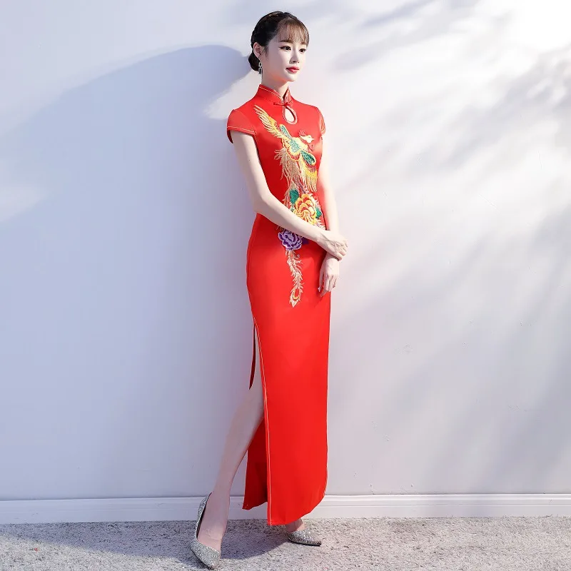 Красные женские весенние Длинные Cheongsam модные китайские стиль Леди китайский