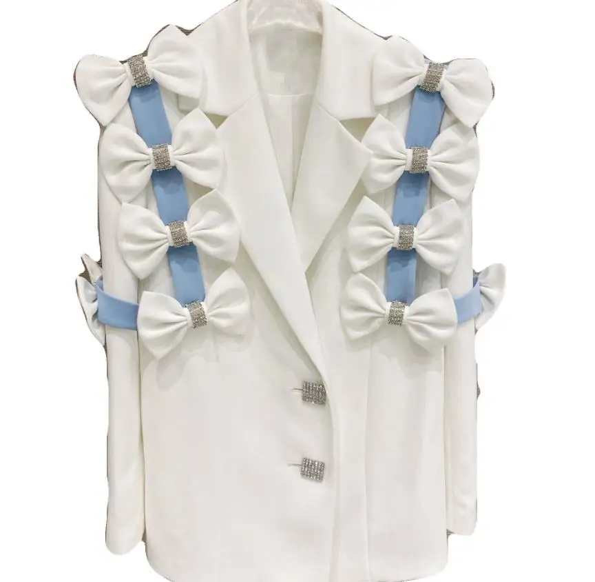 

2021 New Fashion Women Diamond-Studded Bowknot Suits Patchwork White Short Blazer Female Chic Korean Style Outerwear Coats Y1390