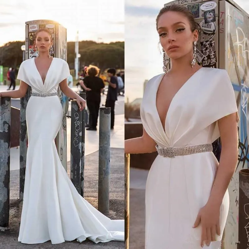 

Сексуальные свадебные платья с глубоким V-образным вырезом и юбкой-годе с поясом и короткими рукавами, женское платье со шлейфом