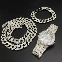 luxury men silver color watch neckalce braclete combo set ice out cuban jewerly crystal miami neckalce chain hip hop for men