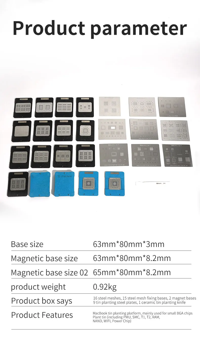 

DS-201A BGA Reballing Stencil Soldering Tool Kit For Macbook Air/Pro Macbook A1534/A2159 IC Chip Planting Tin Template Fixture