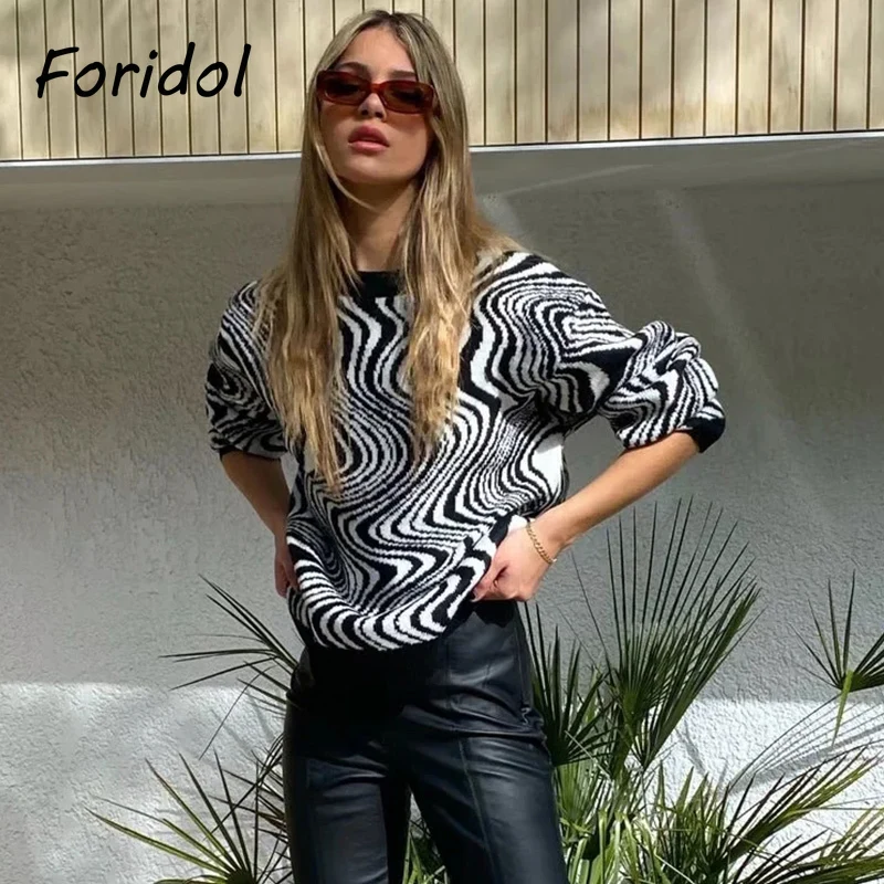 

Foridol Zebra Printed White Black Pull Femme Casual Oversize Autumn Sweater Jumper Winter Women Suter Mujer 2021 Vintage