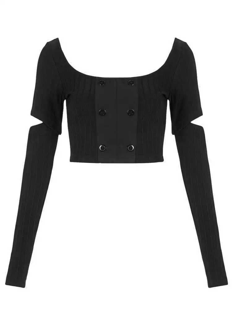 Женские готические короткие футболки в полоску с вырезами стиле панк PT-448TC |