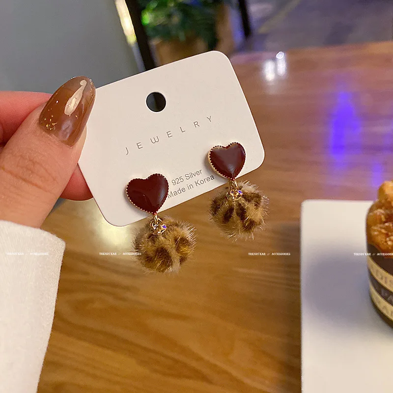 

Vintage Heart Earrings Leopard Fur Ball Earrings Trendy Unique Statement Earrings Gold Color Accessories For Women 2021 Trend