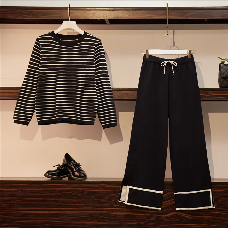 

Autumn Suits Stripe Long Sleeve Knit Pullover Sweater & Wide-Legged Pants Women 2 Pcs Clothing Set Knitted Outfit Leisure