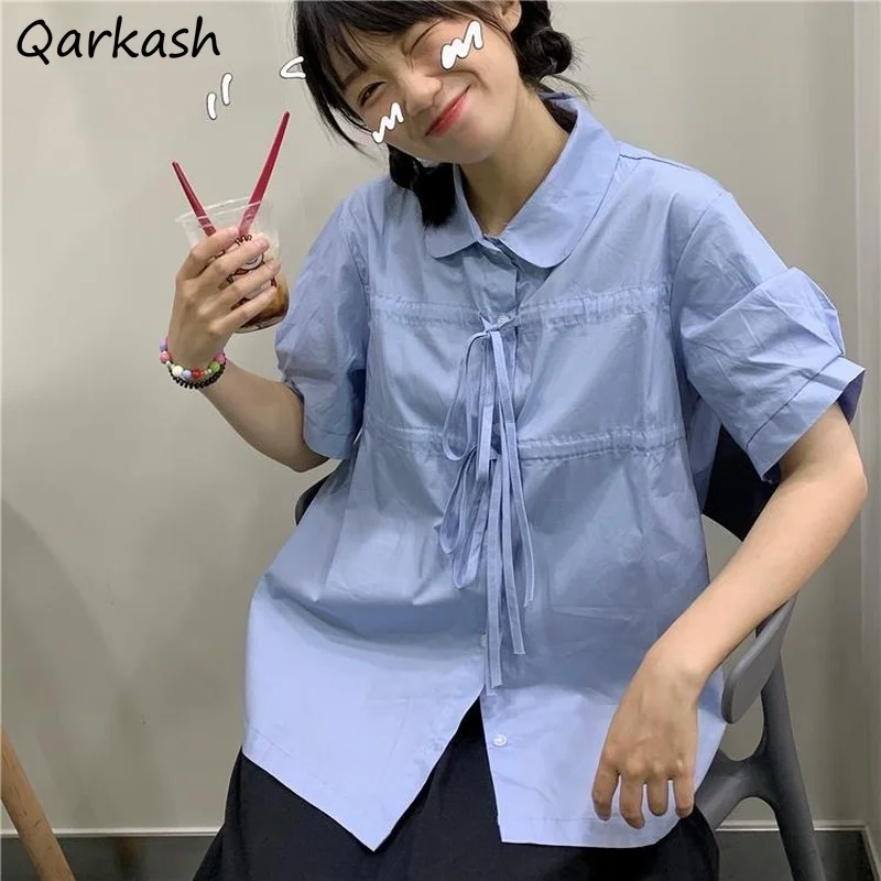 

Women Shirts Summer Harajuku Short Sleeve Turn Down Collar Lace Up Designs Chic Blue White Simple All-match Leisure Street New
