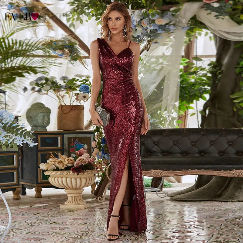 

Luxury Sequin Evening Dresses For Women 2021 Party Ever Pretty Sexy Mermaid V Neck Sleeveless Burgundy Formal Prom Gown EE00149