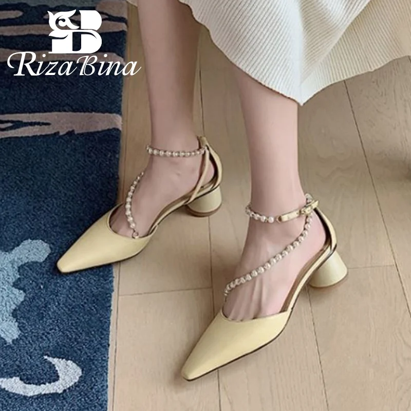 

RIZABINA Real Leather Women Sandals T Tied Thick Heels Square Toe Shoes For Women Summer Fashion Office Footwear Size 34-40