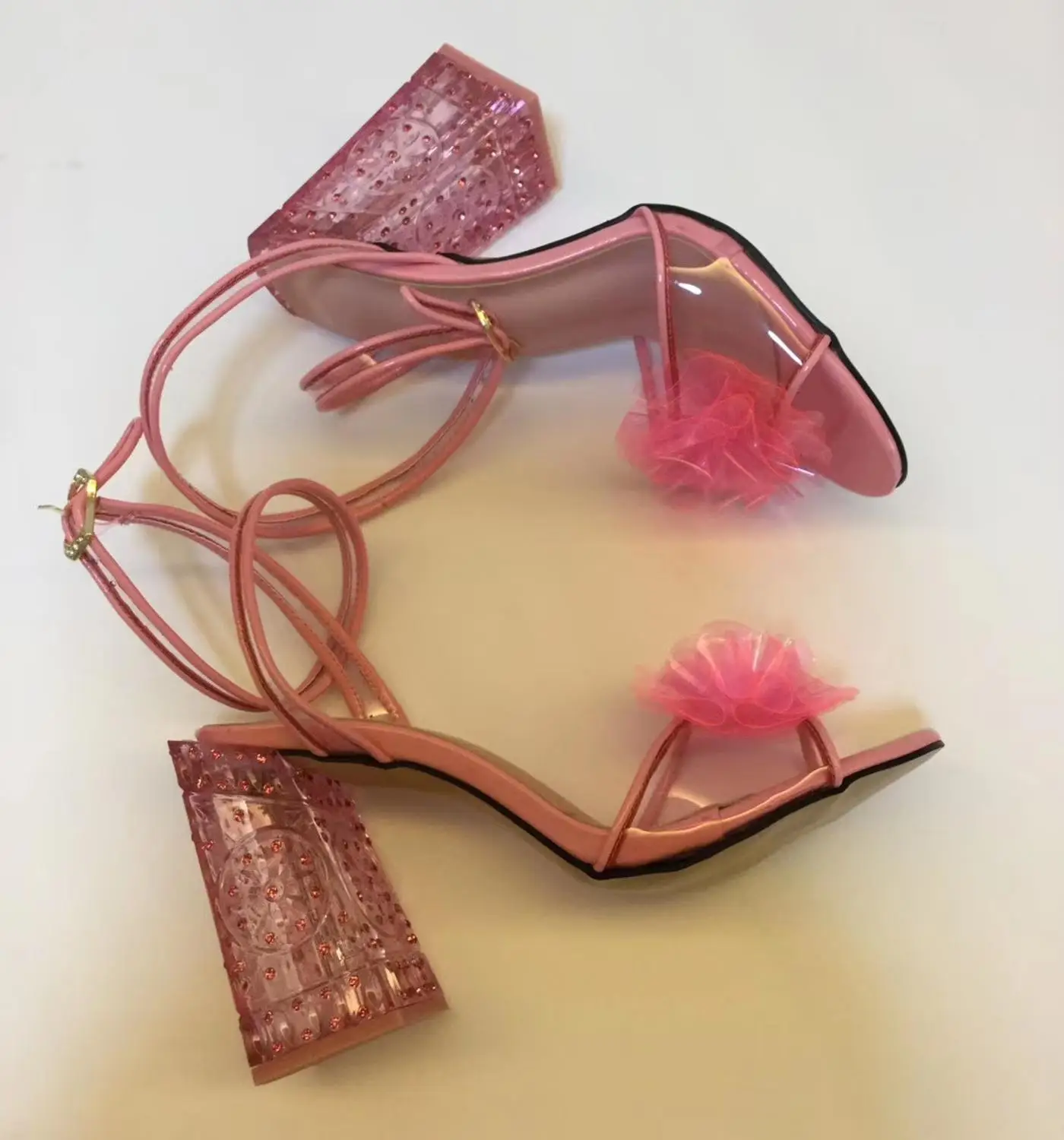 

Summer Women Fashion floral high heeled sandals Chic transparent heel ankle strap high heeled shoes