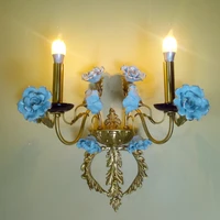 blue ceramic roses wall lamp of brass frame art decorative antique reproduction bracket classical lighting fixture luxury
